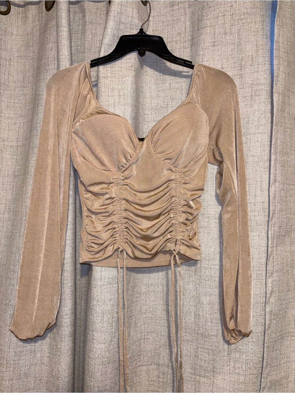 Beige Ruched Long-Sleeve Crop Top